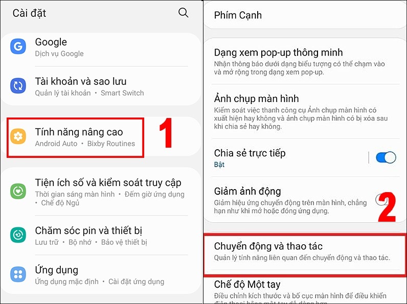 Vào Cài đặt > Chọn Tính năng nâng cao > Vào mục Chuyển động và thao tác.